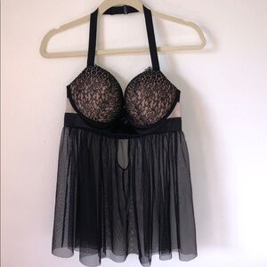 VICTORIAS SECRET Women’s Black Lace/Shear  Loose Halter Baby Doll Camisole 34DD